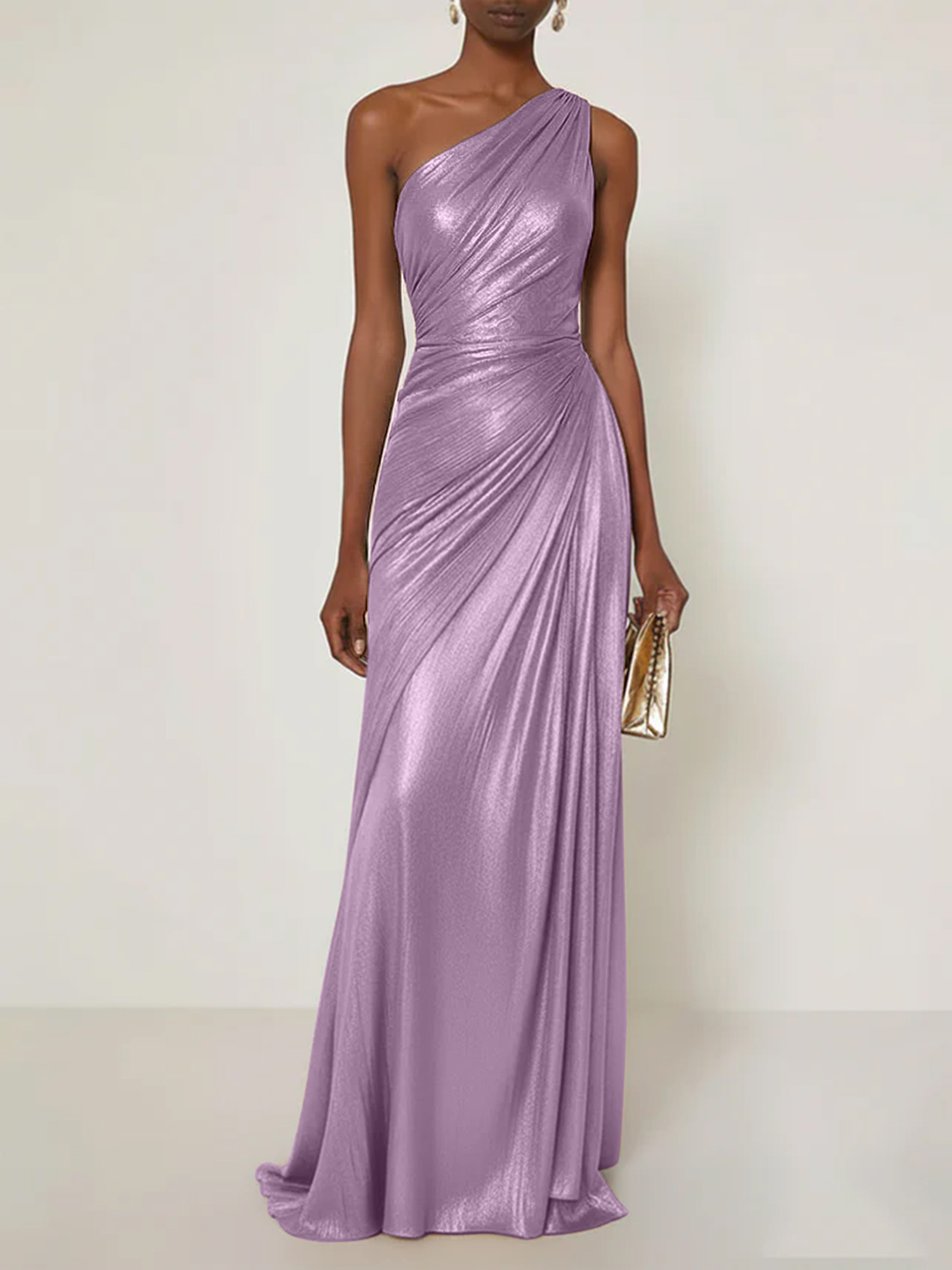 Evening Formal Dress V Neck One Shoulder Silk Ruffles Maxi Dress