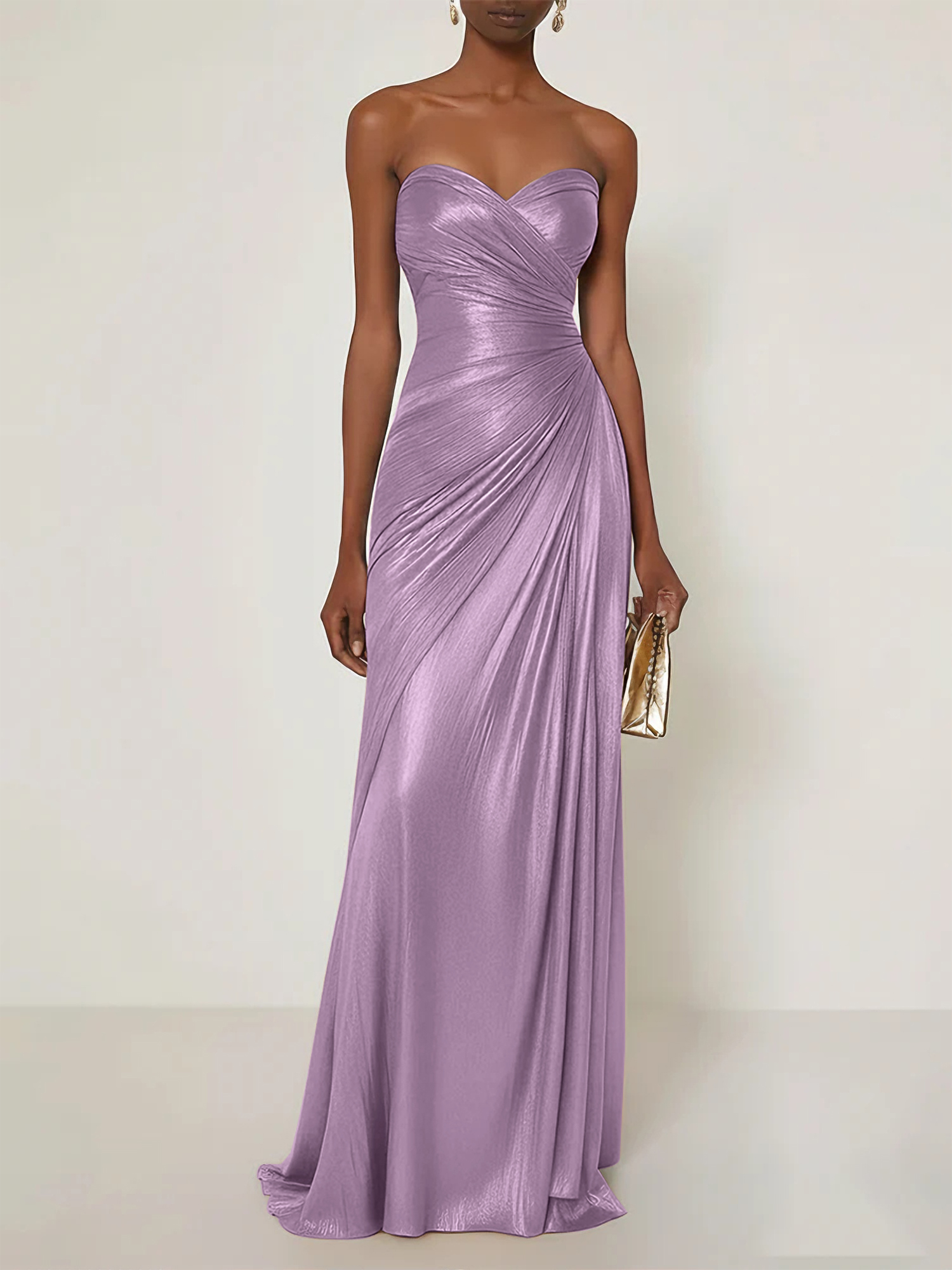 Evening Formal Dress V Neck Silk Ruffles Strapless Maxi Dress