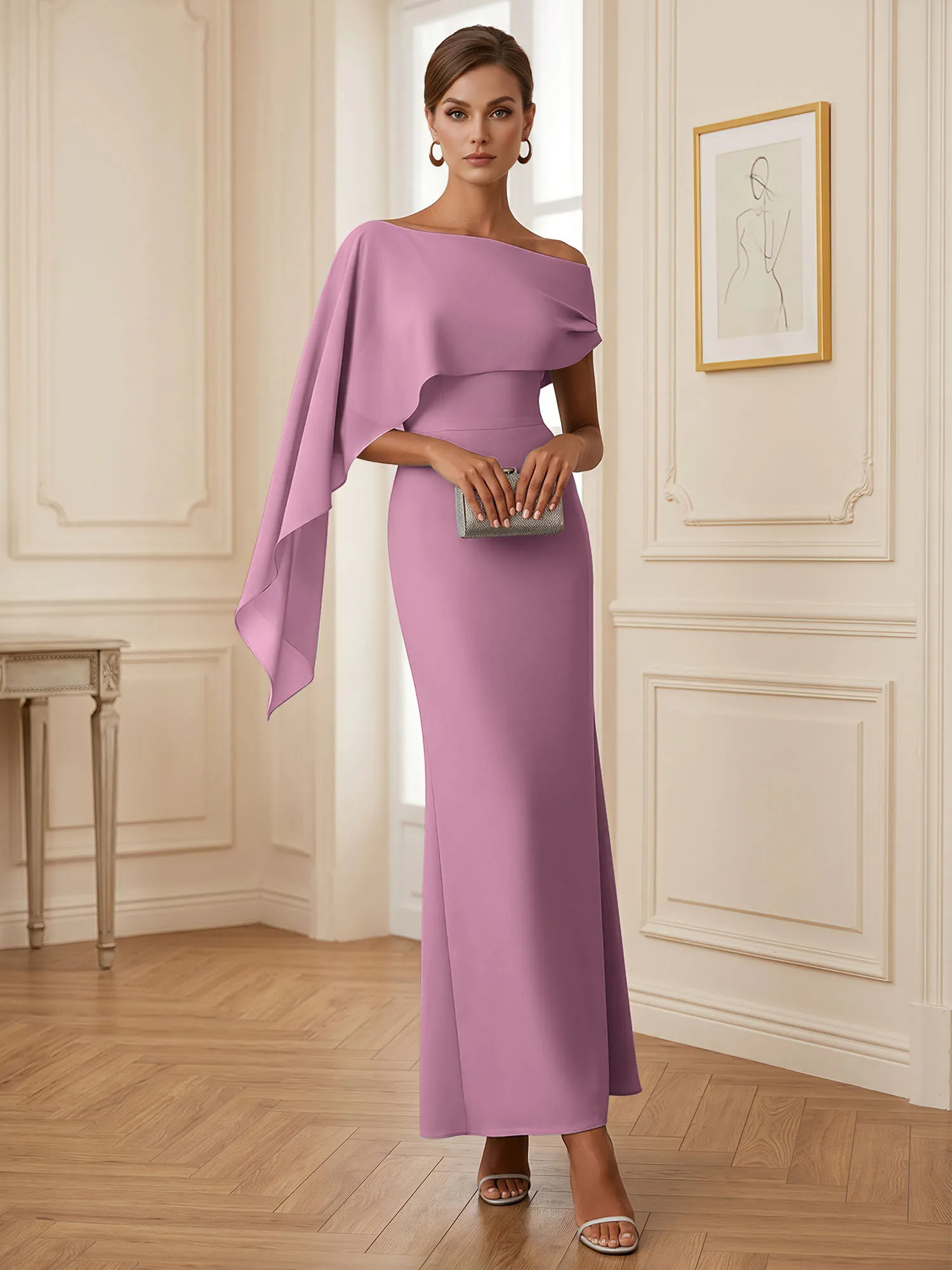 One-Shoulder Chiffon Overlay Mermaid Evening Gown
