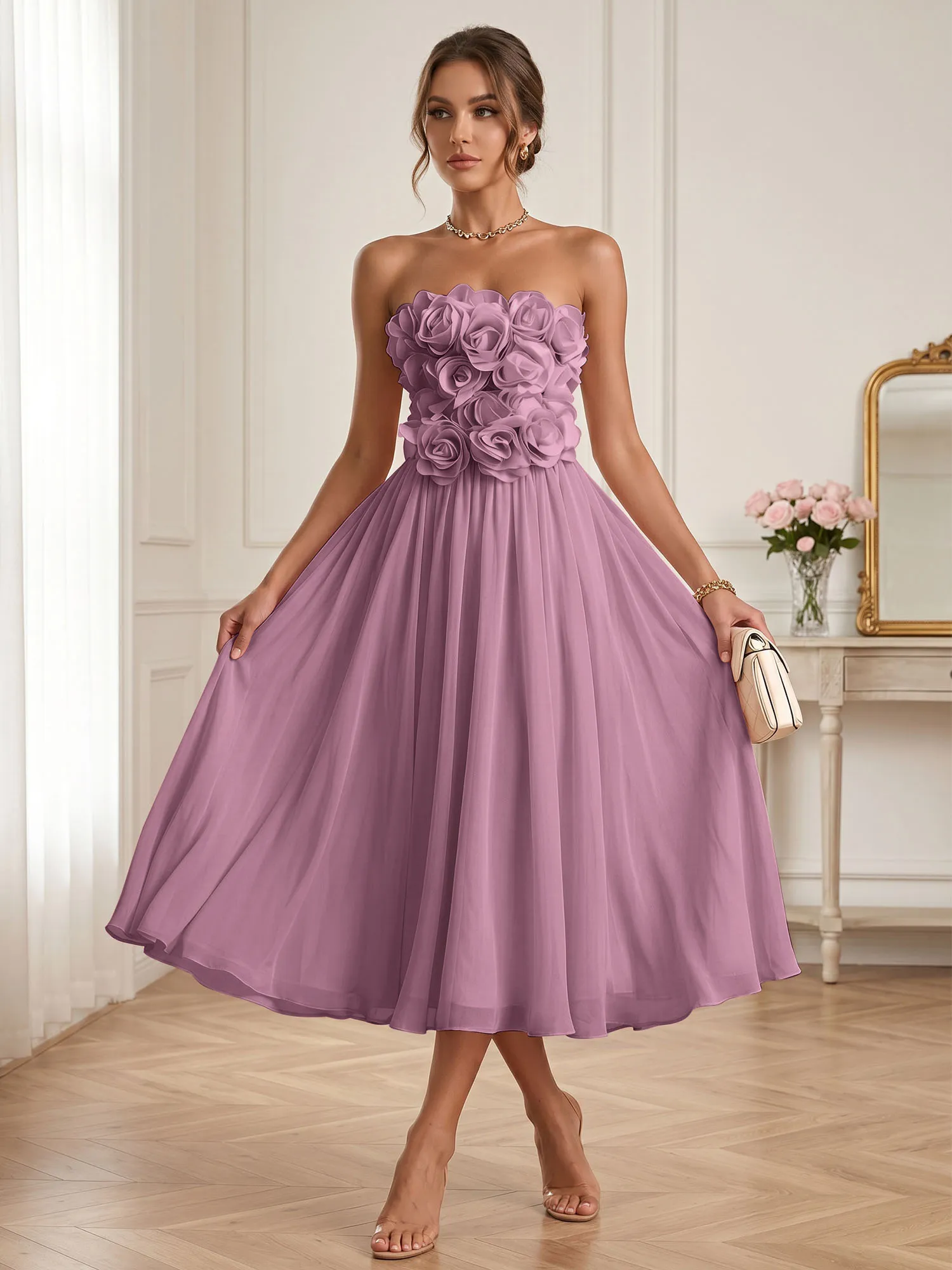 Strapless 3D Floral Chiffon A-Line Midi Formal Dress