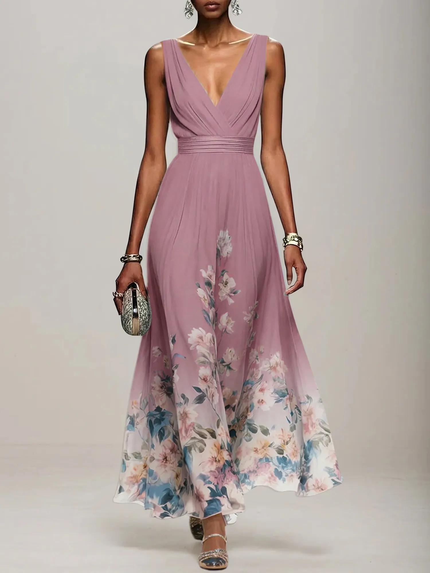 V-Neck Floral Print Chiffon Maxi Evening Dress with Satin Waist Bow