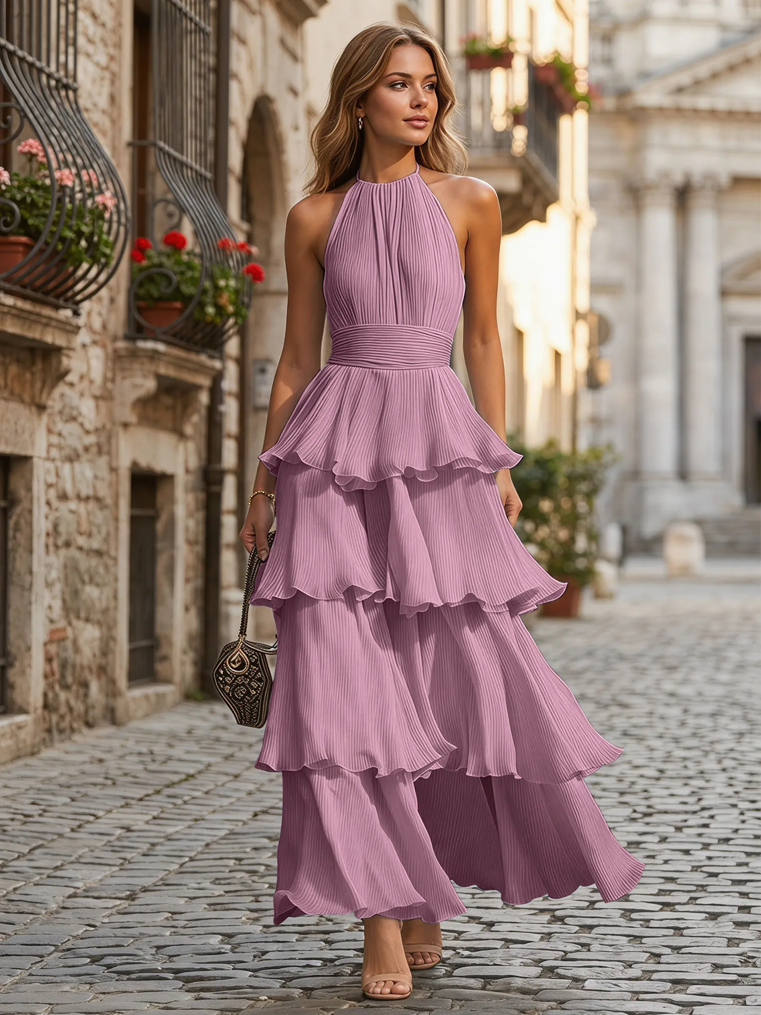 A Line Halter Neck Tiered Ruffle Chiffon Evening Dress