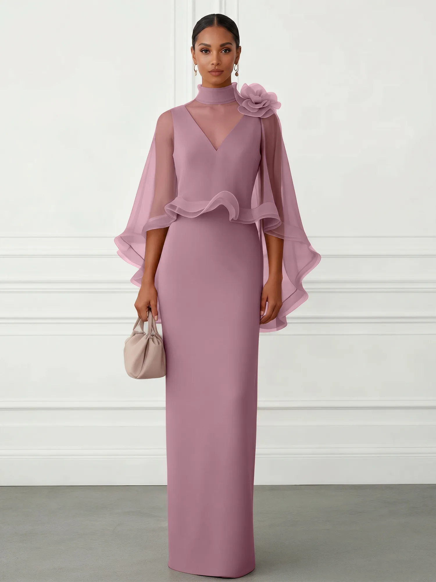 High-Neck Chiffon Cape Sleeve Sheath Evening Gown
