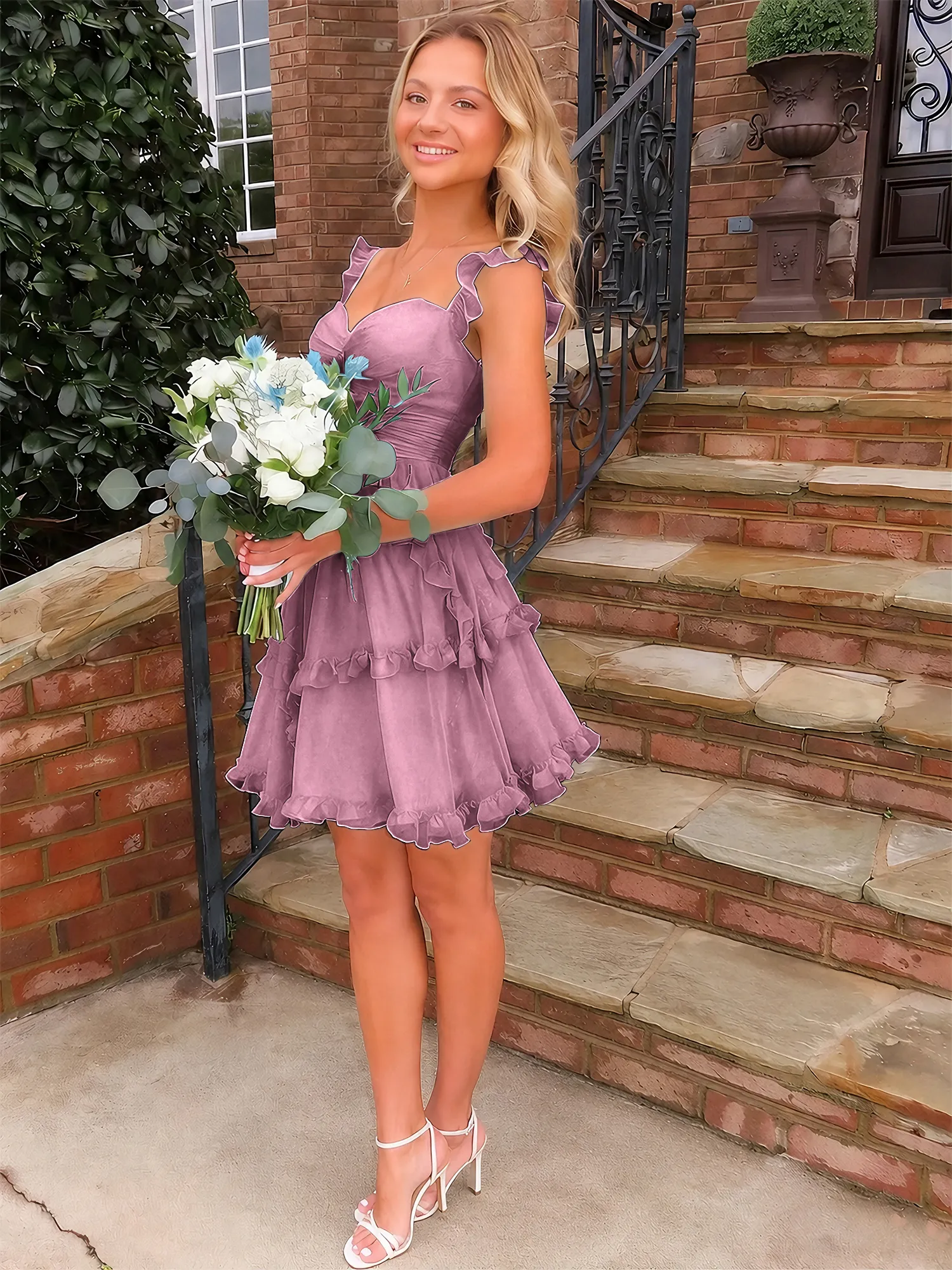 A Line Ruffled Tiered Chiffon Homecoming Dress with Lace-Up Back