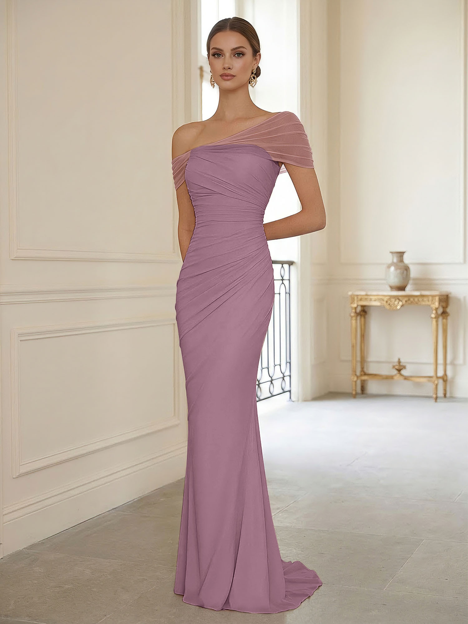 Sophisticated Blush Pink Asymmetrical Ruched Maxi Dress Evening Gown