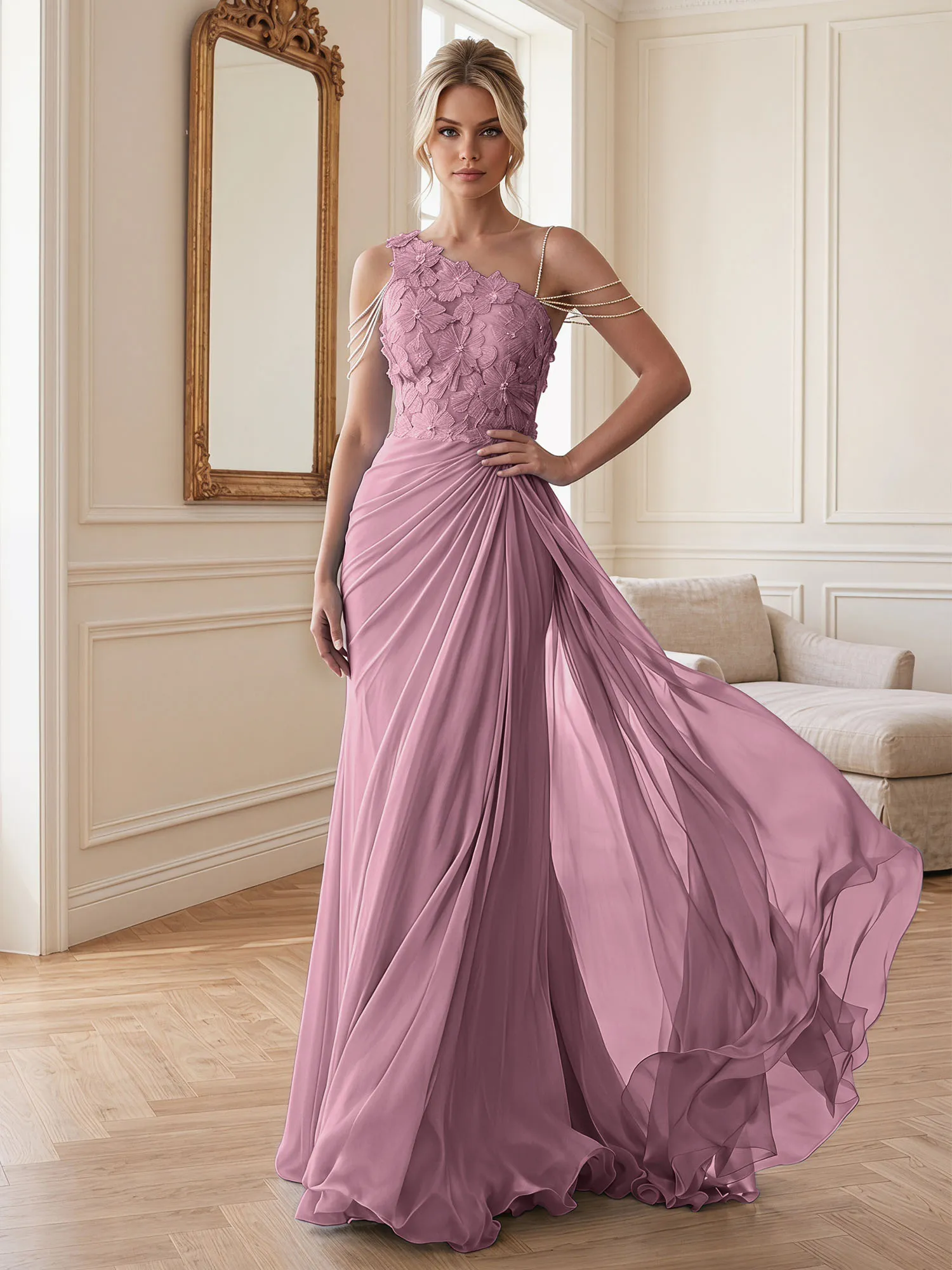 One-Shoulder Floral Lace Chiffon Evening Gown