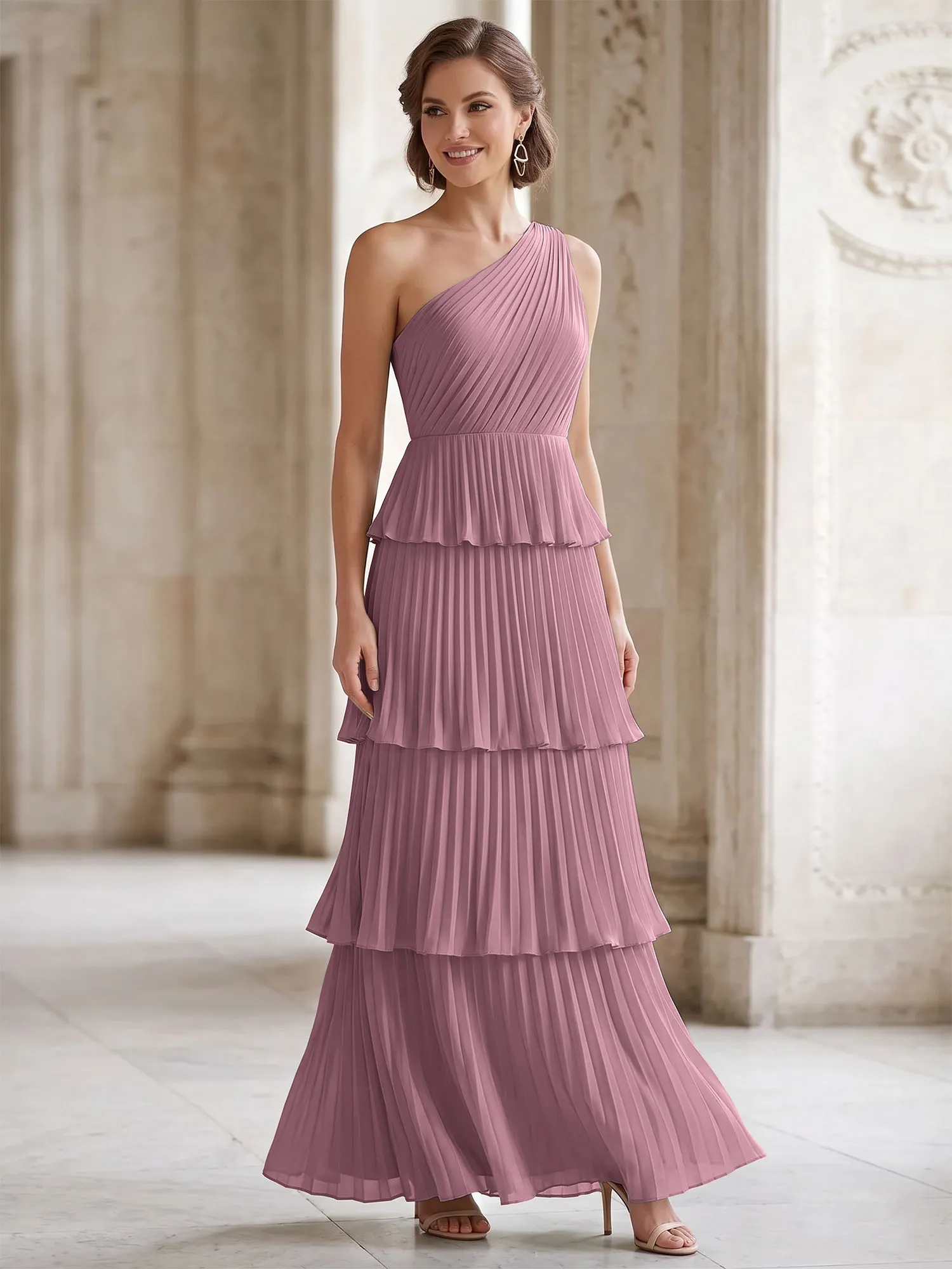 One-Shoulder Tiered Pleated Chiffon Evening Gown