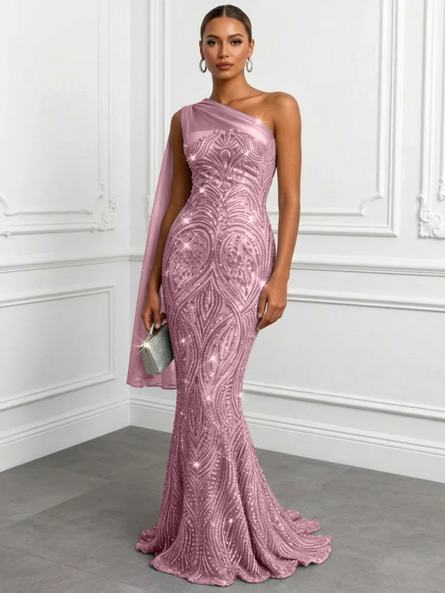 Shimmering Sage One-Shoulder Sequin Mermaid Evening Dress
