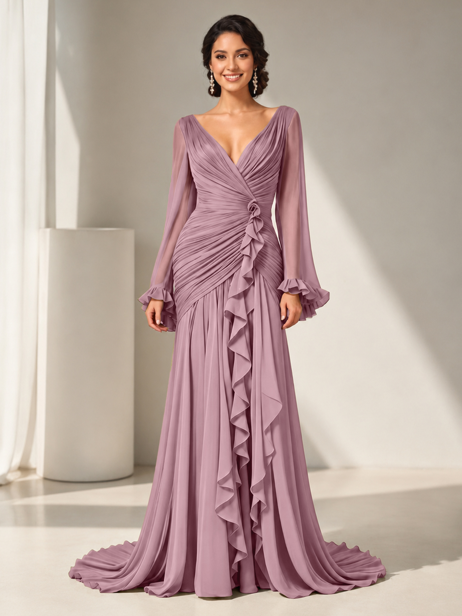 Grecian Olive Green Ruched Long-Sleeve Cascading Ruffle Formal Evening Dress