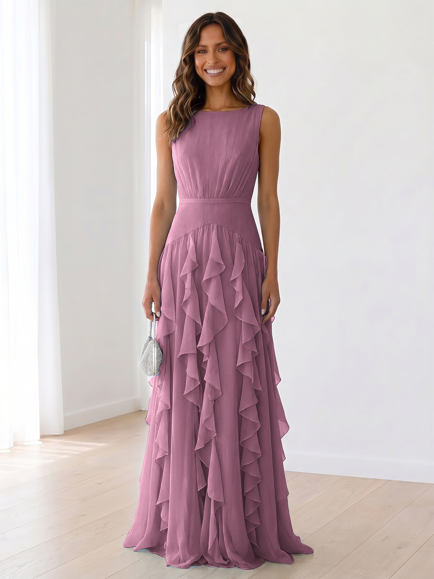 Ethereal Powder Blue Cascading Ruffle Maxi Formal Evening Dress