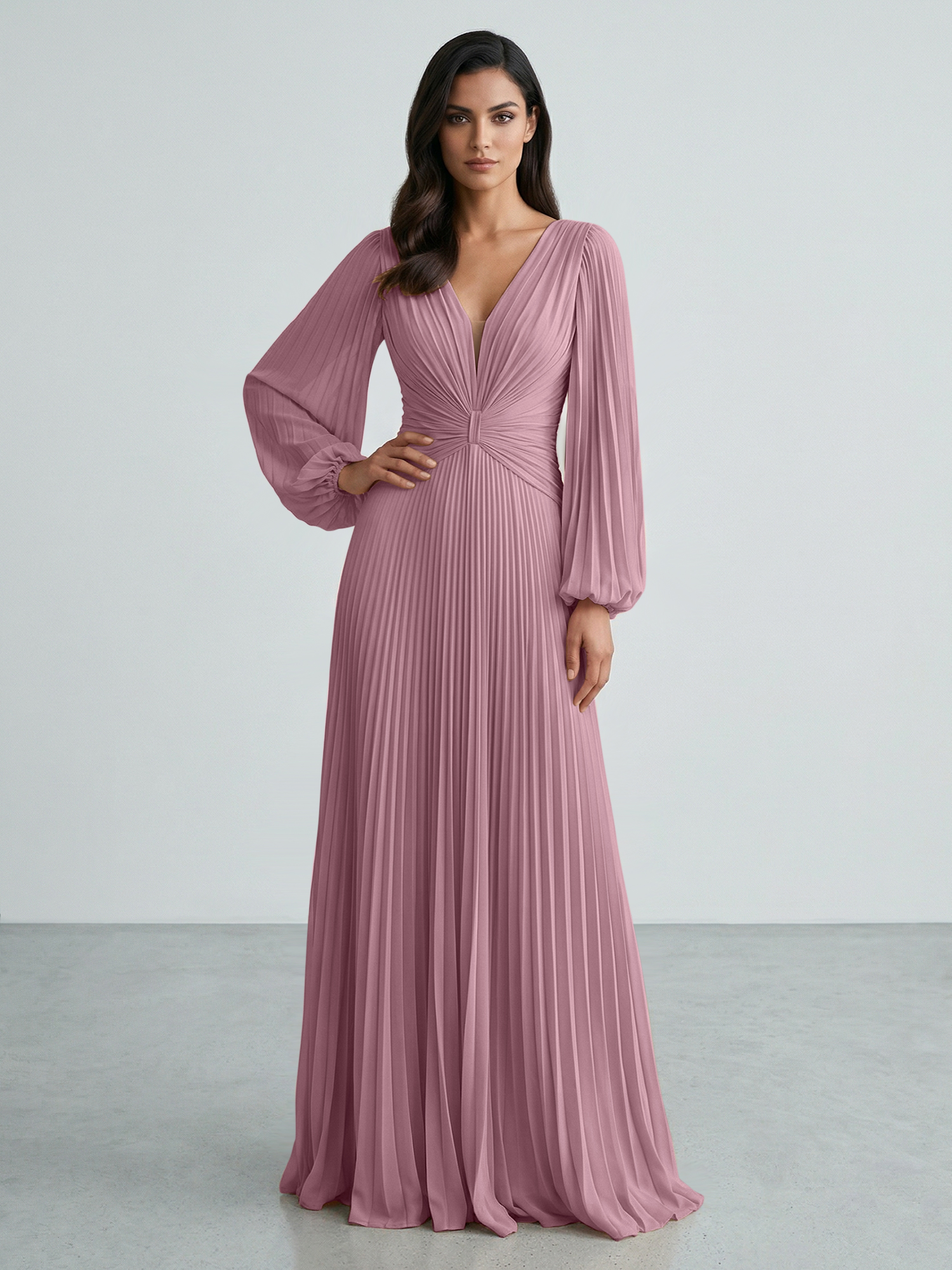 Slate Blue Plunging V-Neck Pleated Long Sleeve Maxi Dress Gown