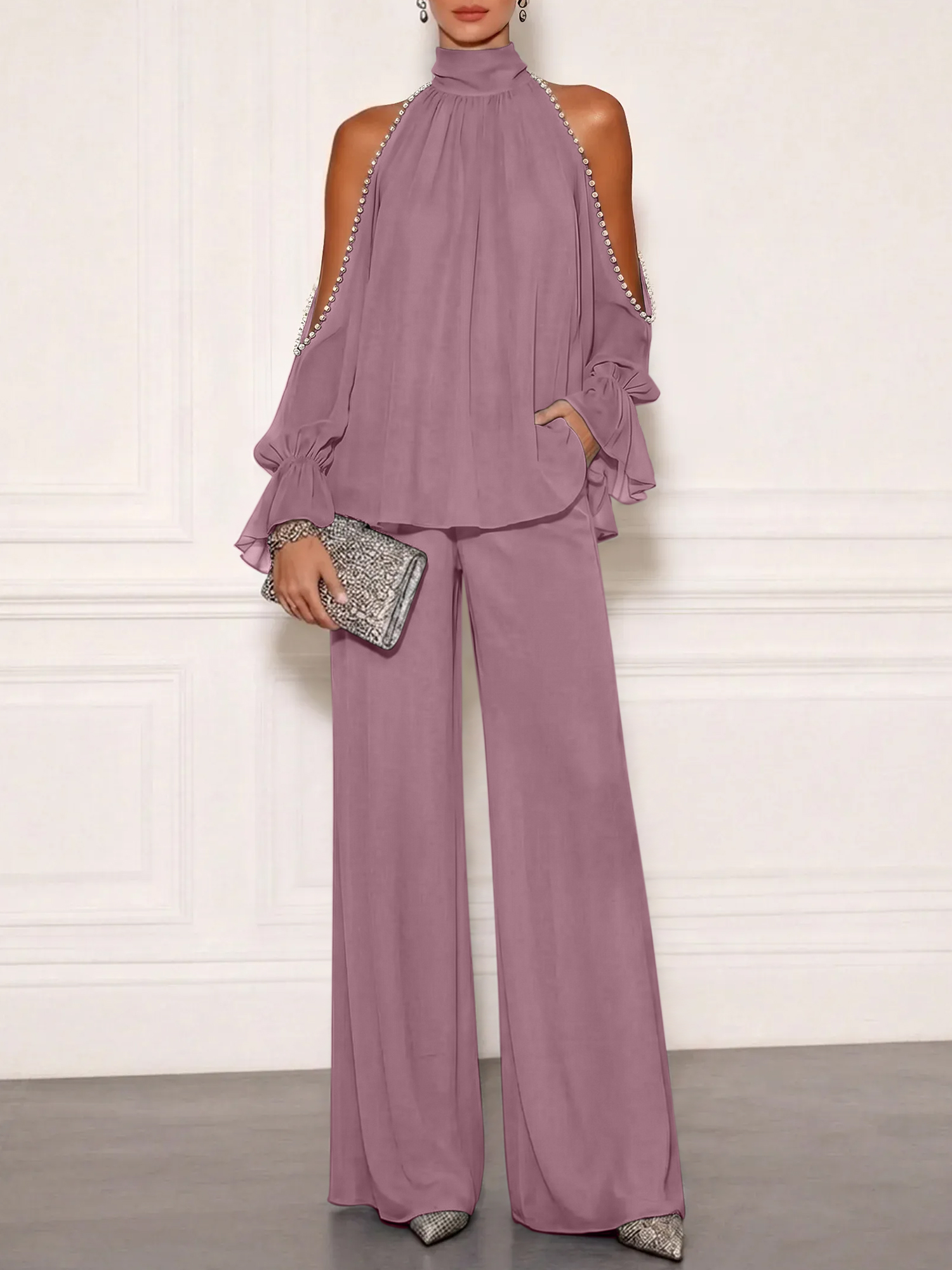 Sophisticated Embellished Cold Shoulder Formal Evening Jumpsuit