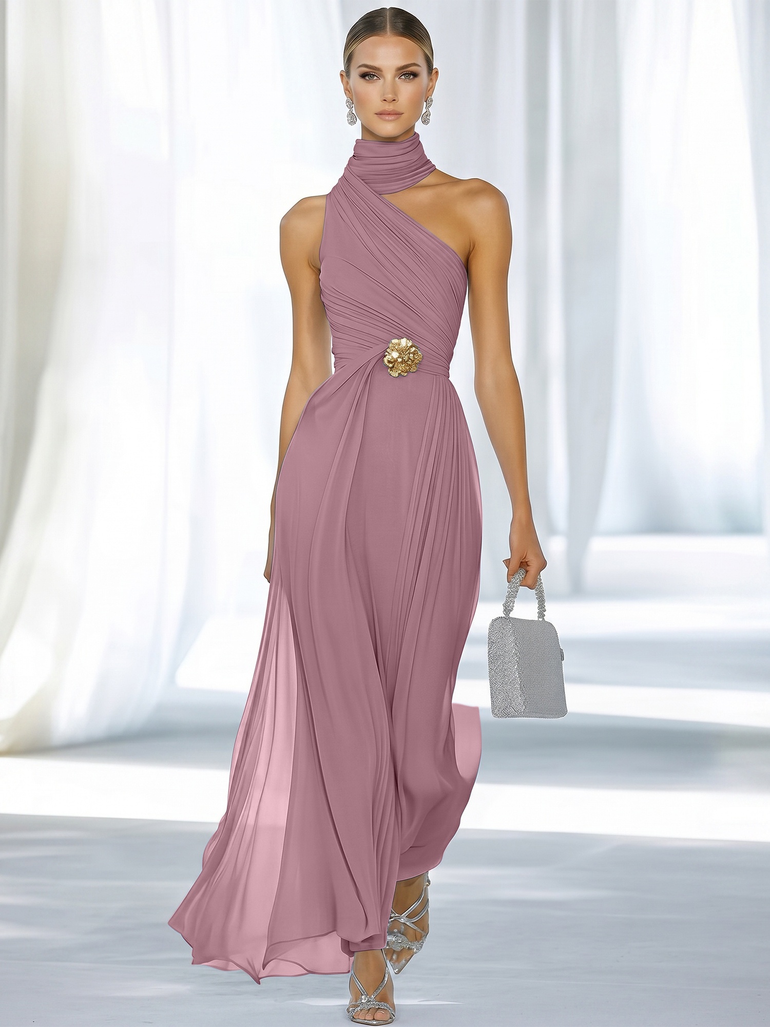 Sky Blue Pleated Chiffon Halter Strapless Formal Evening Dress