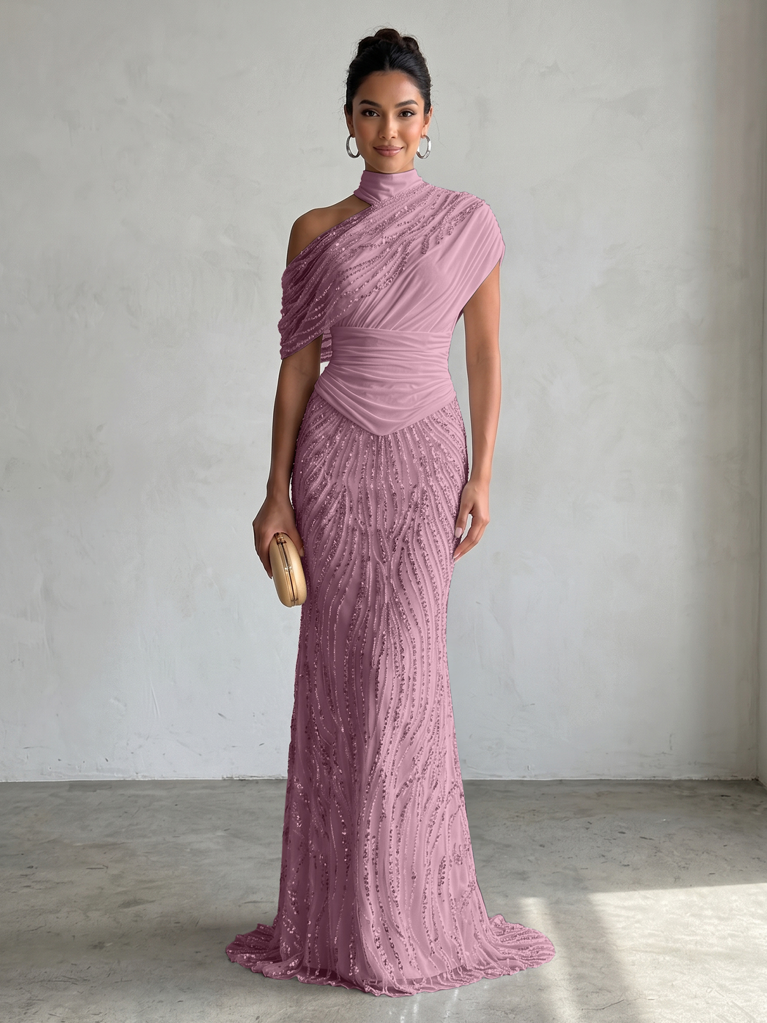 Ethereal White Beaded High-Neck Draped Sheath Formal Evening Dress