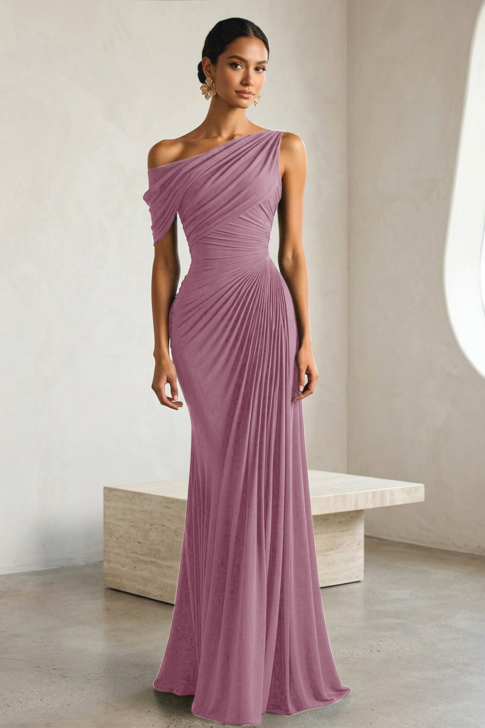 Timeless Black Architectural One-Shoulder Sheath Evening Gown