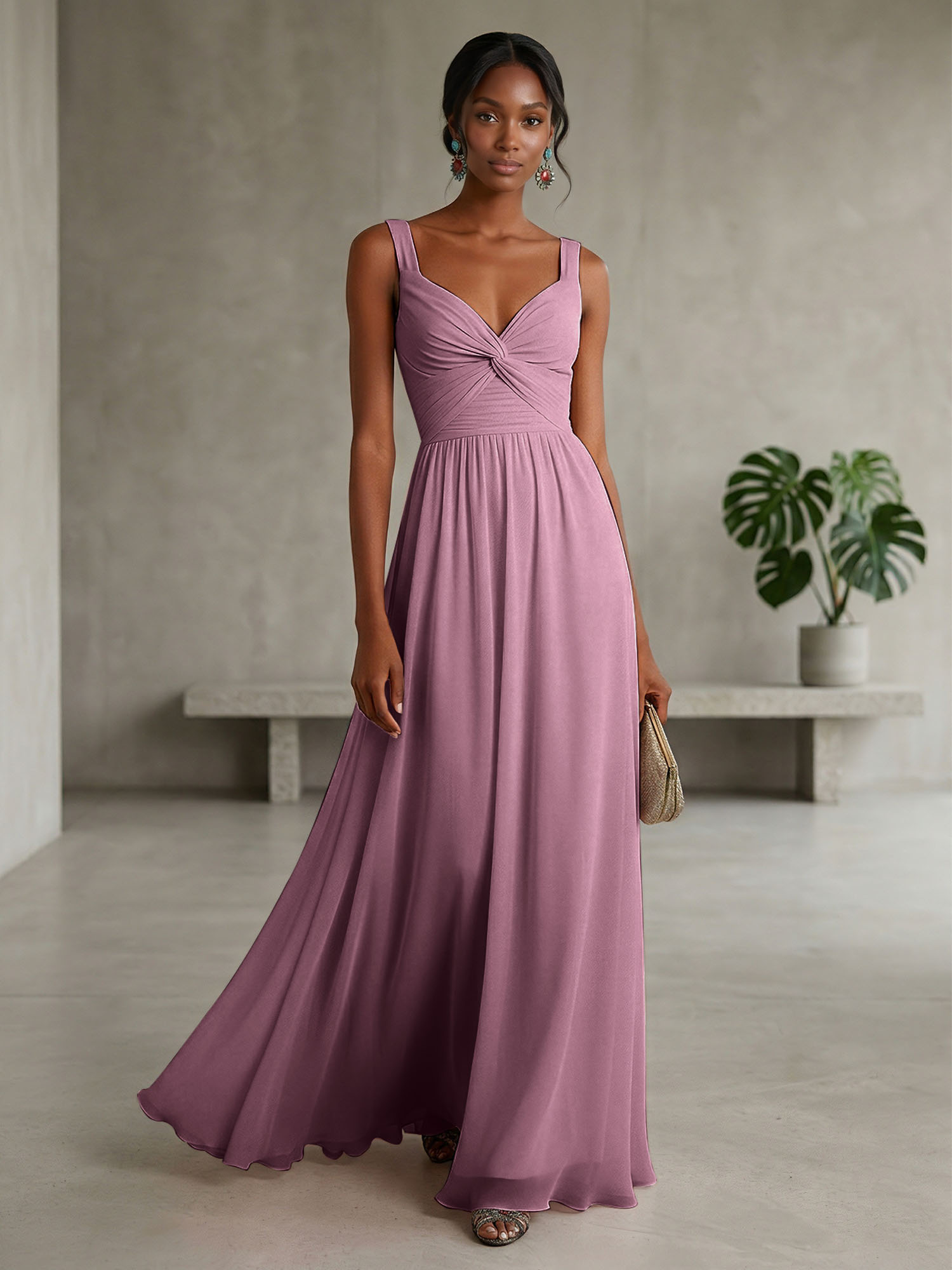 Elegant Soft Blush Twist-Front Chiffon Maxi Gown