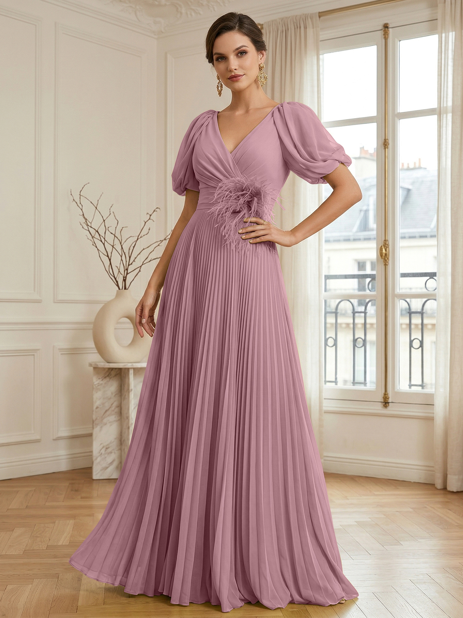 A-Line Chiffon Evening Gown with Feather V-Neck Short Sleeves Formal Dress