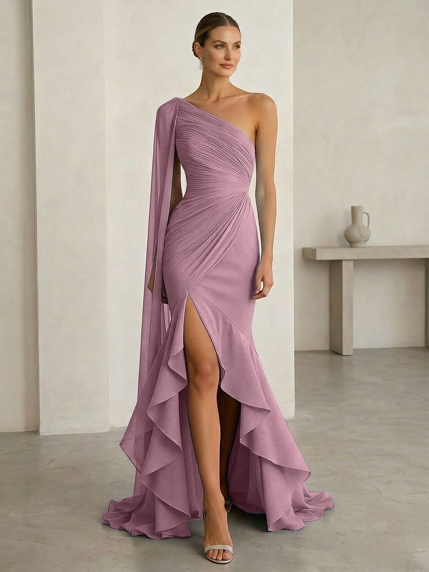 One-Shoulder Cape Sleeve Draped Mermaid Gown with Ruffle Hem