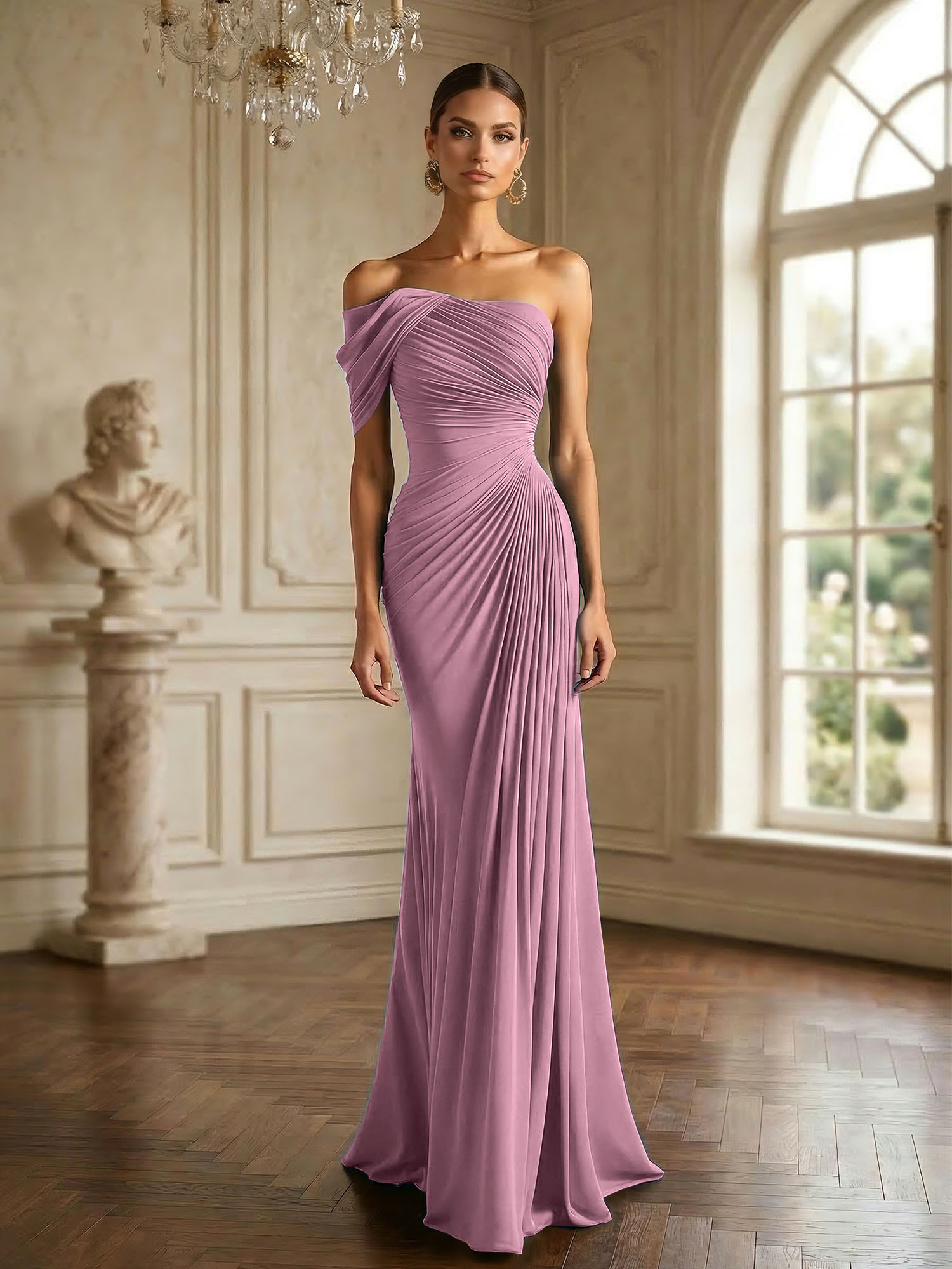 One Shoulder Pleat Mermaid Chiffon Evening Dresses for Women Gown