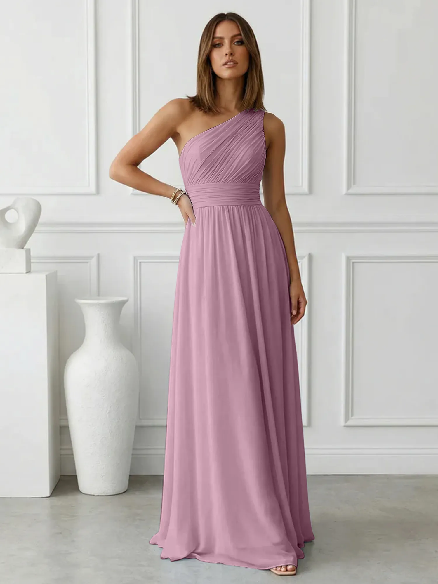 One-Shoulder Pleated Chiffon A-Line Evening Dress