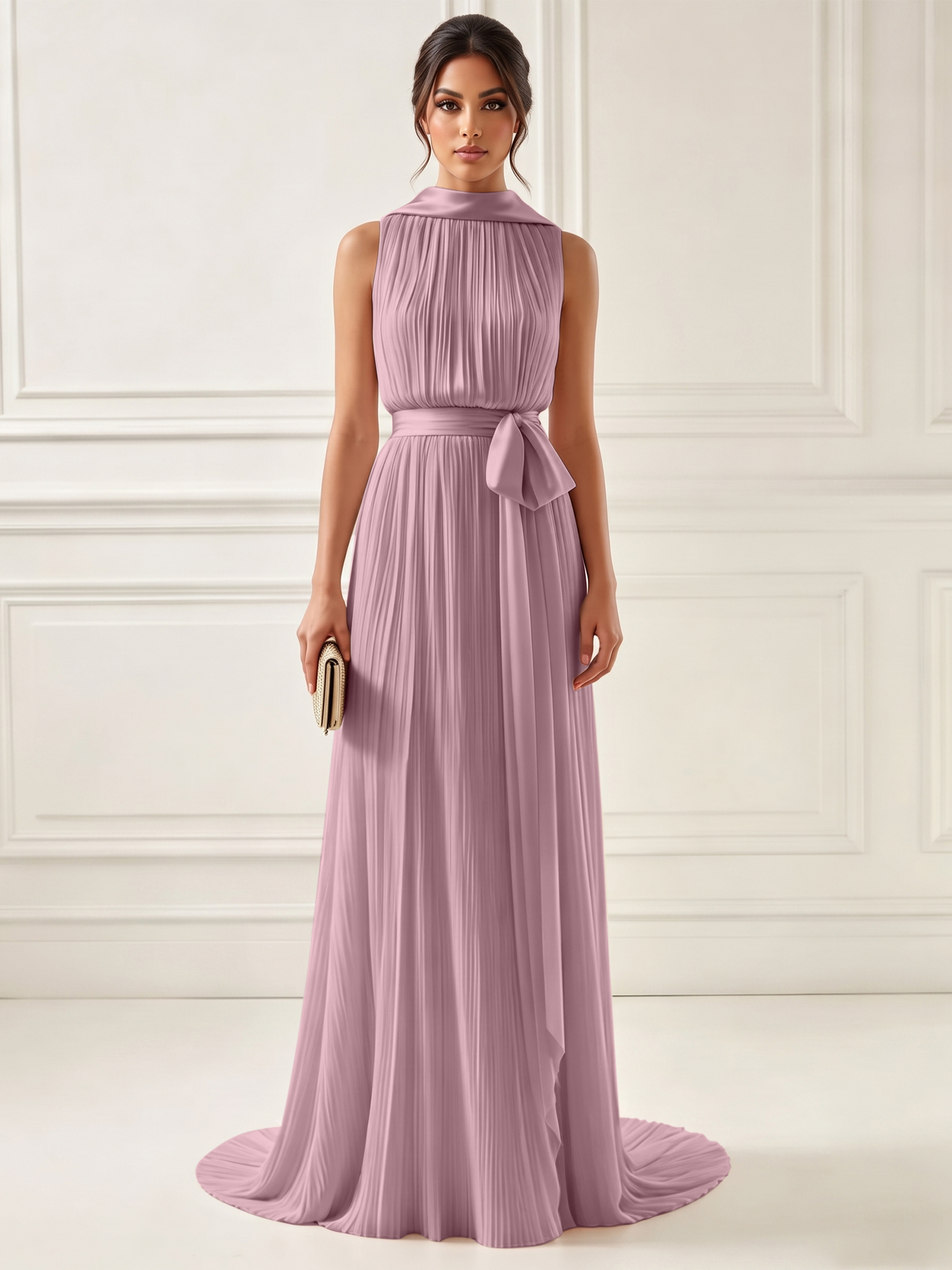 Ethereal Pleated Pastel Pink High Neck Maxi Formal Evening Dress with Satin Sash