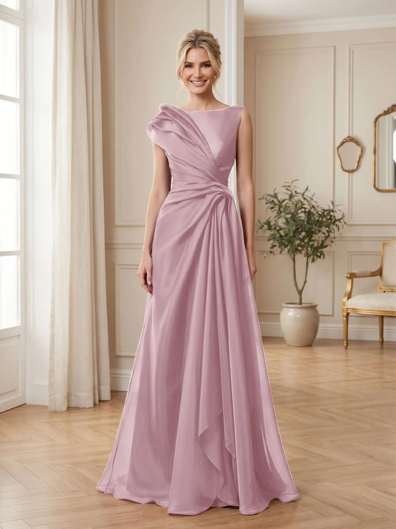A Line Ruched Draped Tulle Evening Gown
