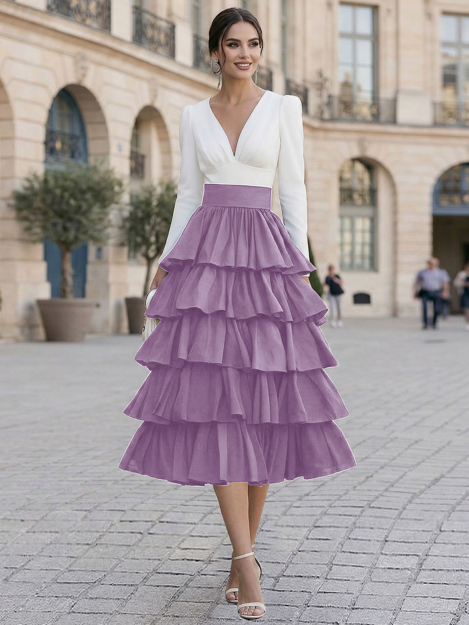 Elegant V-Neck Long Sleeve Tiered Ruffle Midi Dress with Contrast Waistband