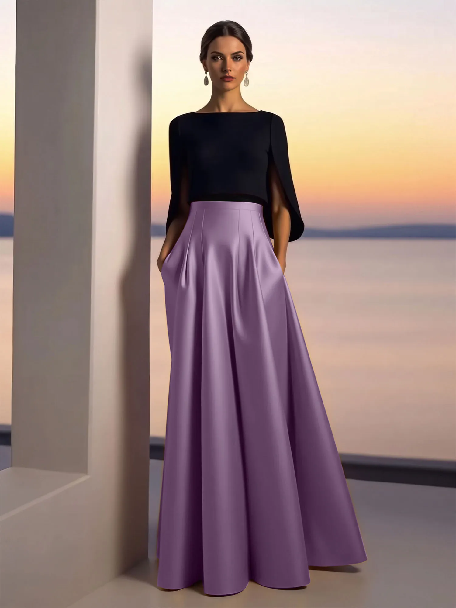 Two-Piece Cape Sleeve Satin Ball Gown Evening Dress