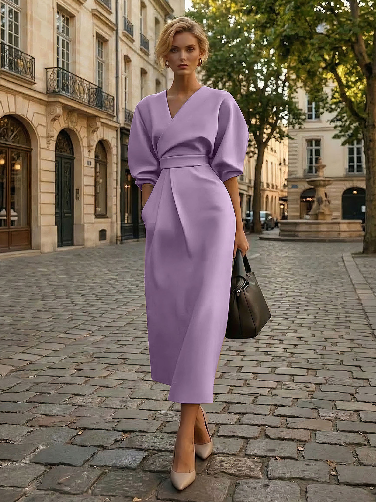 Sophisticated Camel V-Neck Balloon Sleeve Midi Dress Evening Gown