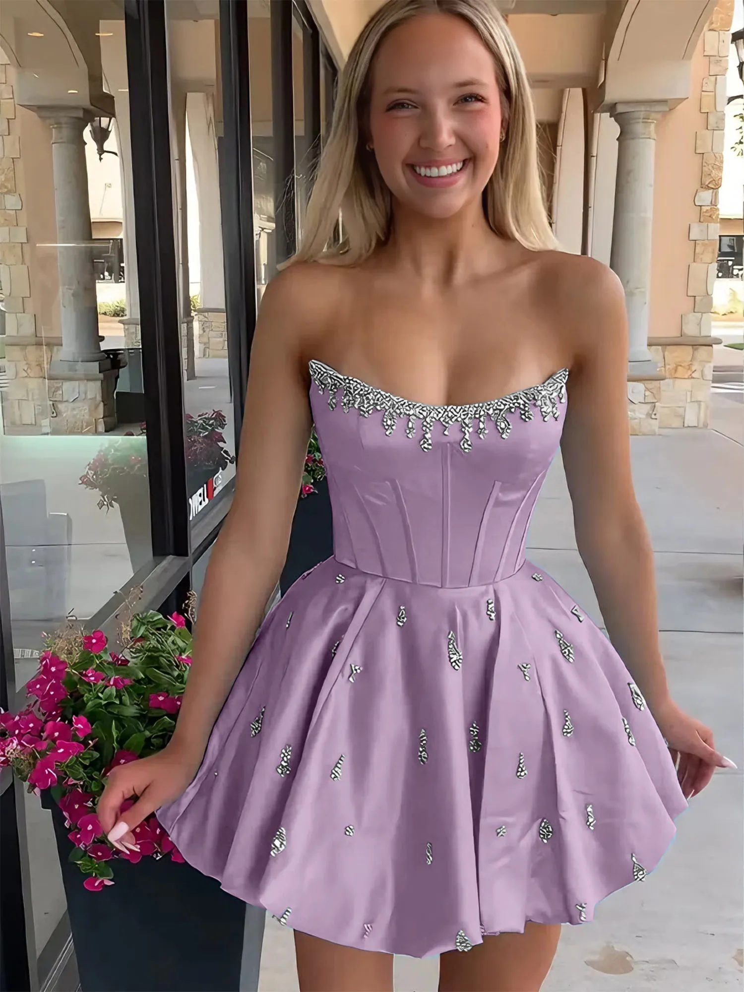 Strapless Beaded Corset Lace-Up Back Satin Homecoming Dress