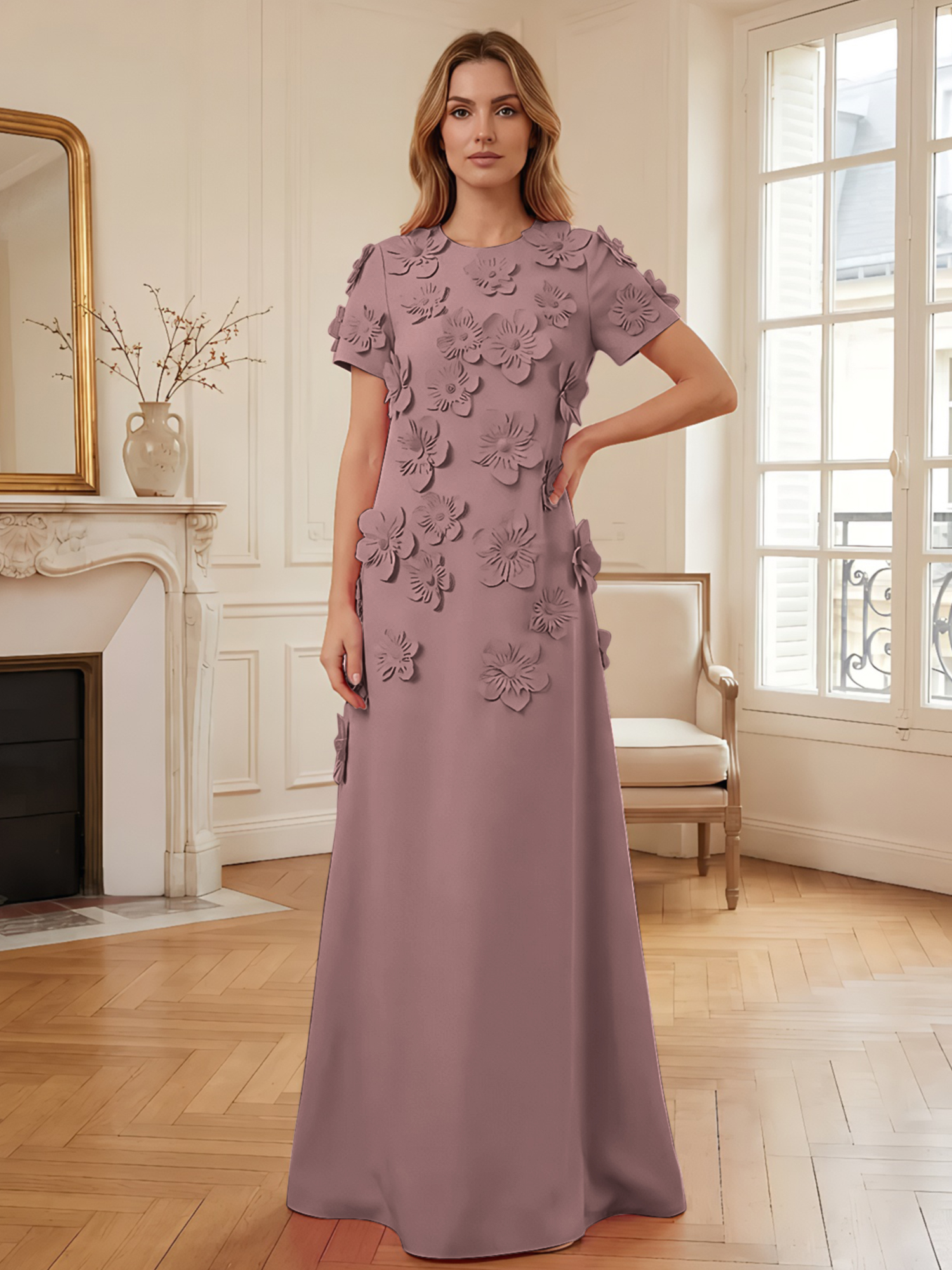 3D Floral Applique Short-Sleeve Column Evening Gown