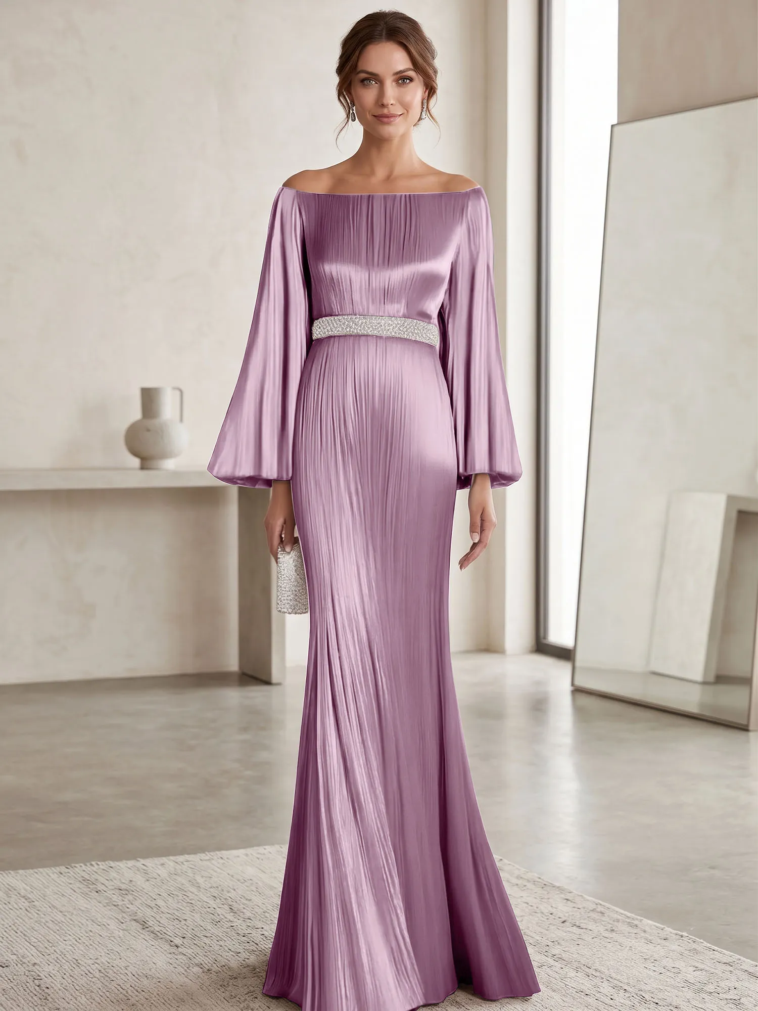 Off-the-Shoulder Pleated Satin Evening Gown with Beaded Waistband