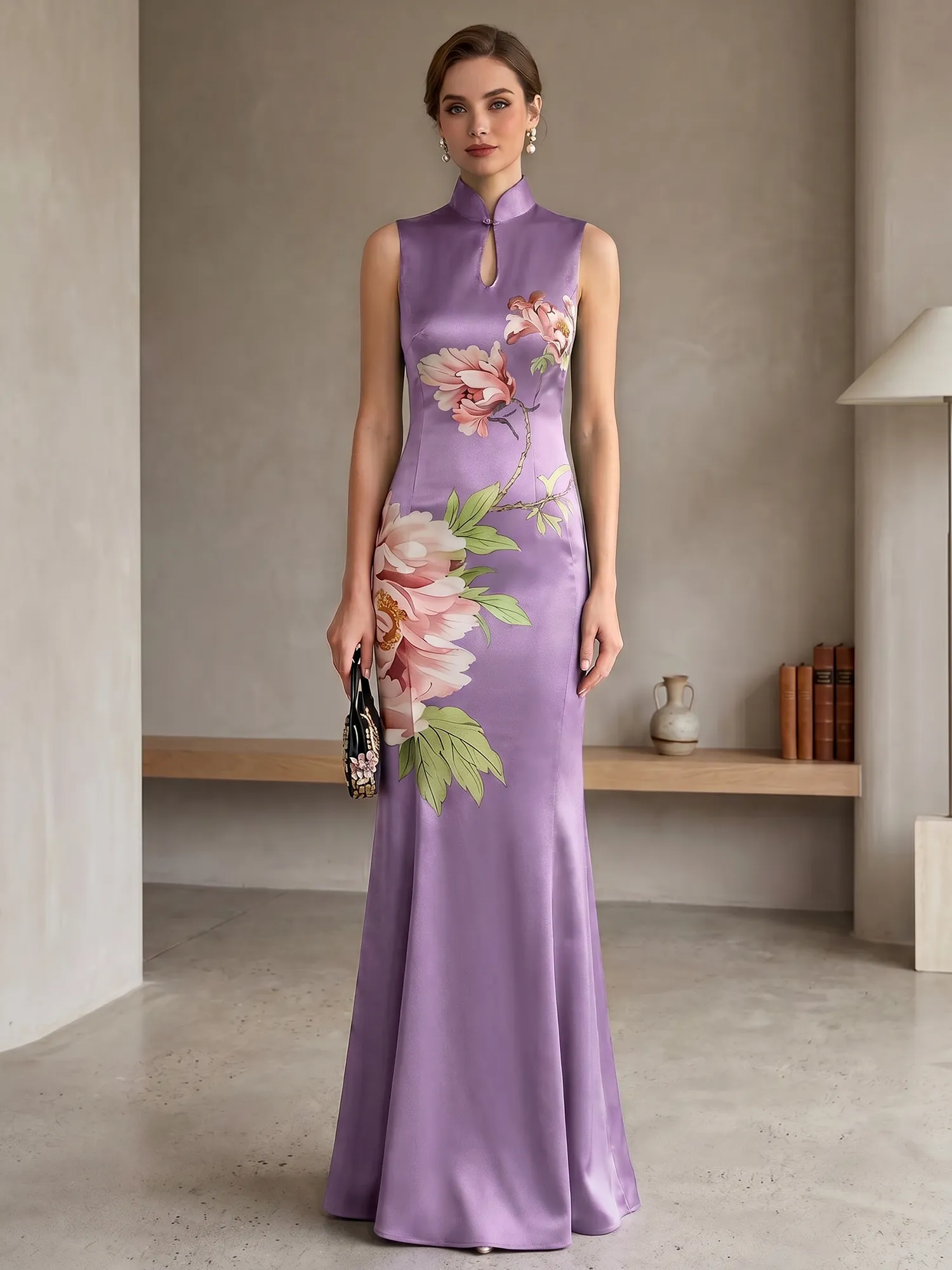 Satin Qipao-Inspired Floral Mermaid Evening Gown