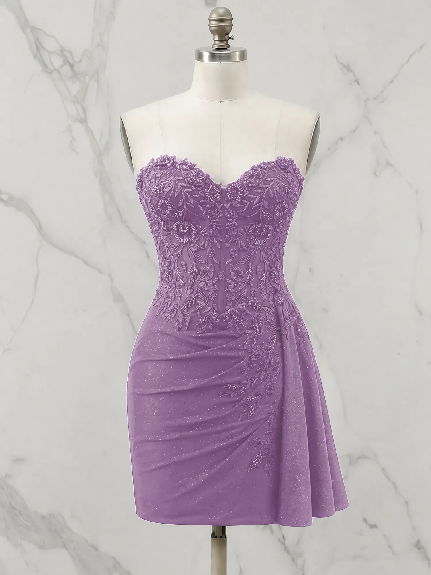 Strapless Lace Appliqué Glitter Homecoming Dress with Side Drape