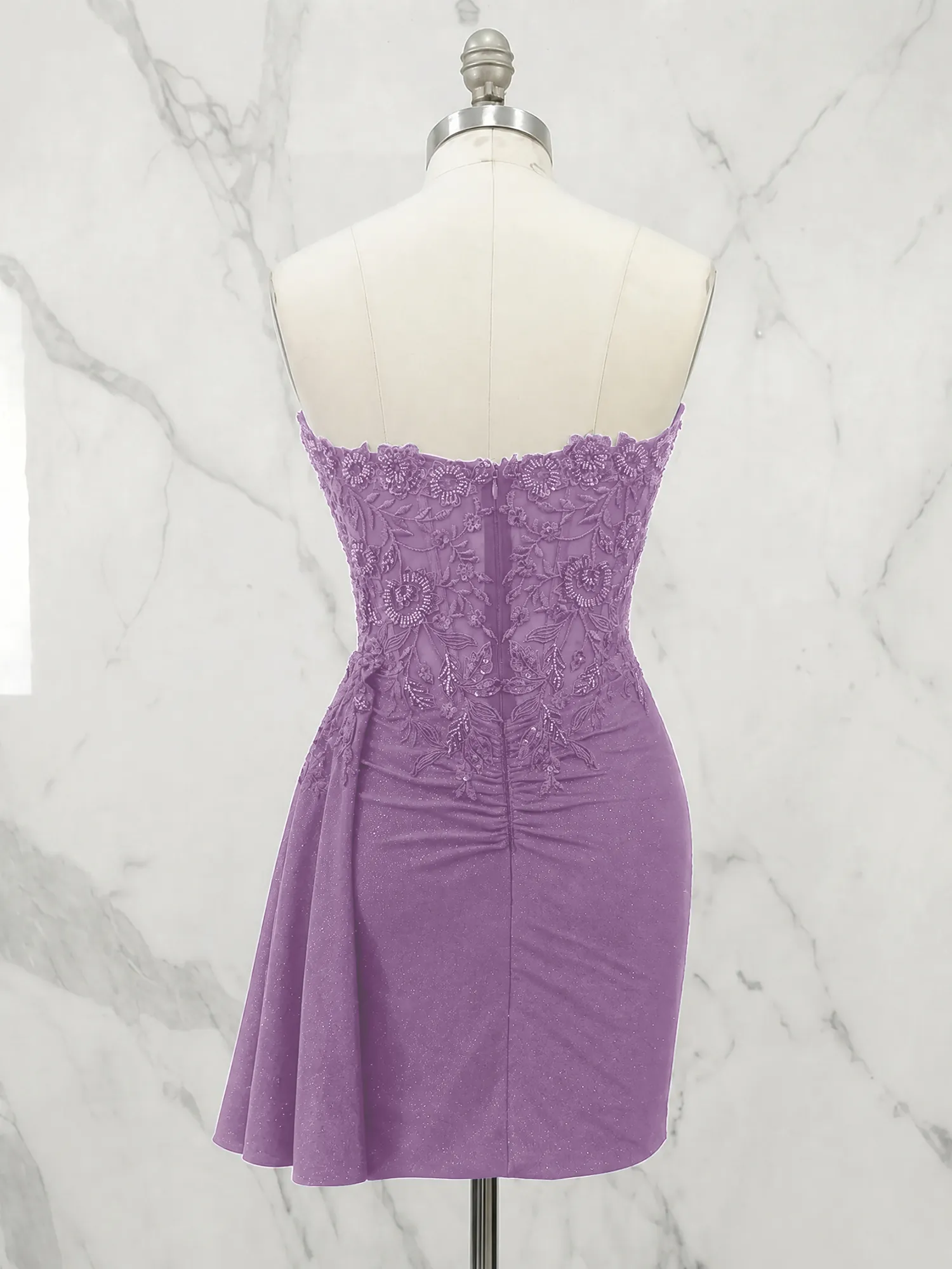 Strapless Lace Appliqué Glitter Homecoming Dress with Side Drape