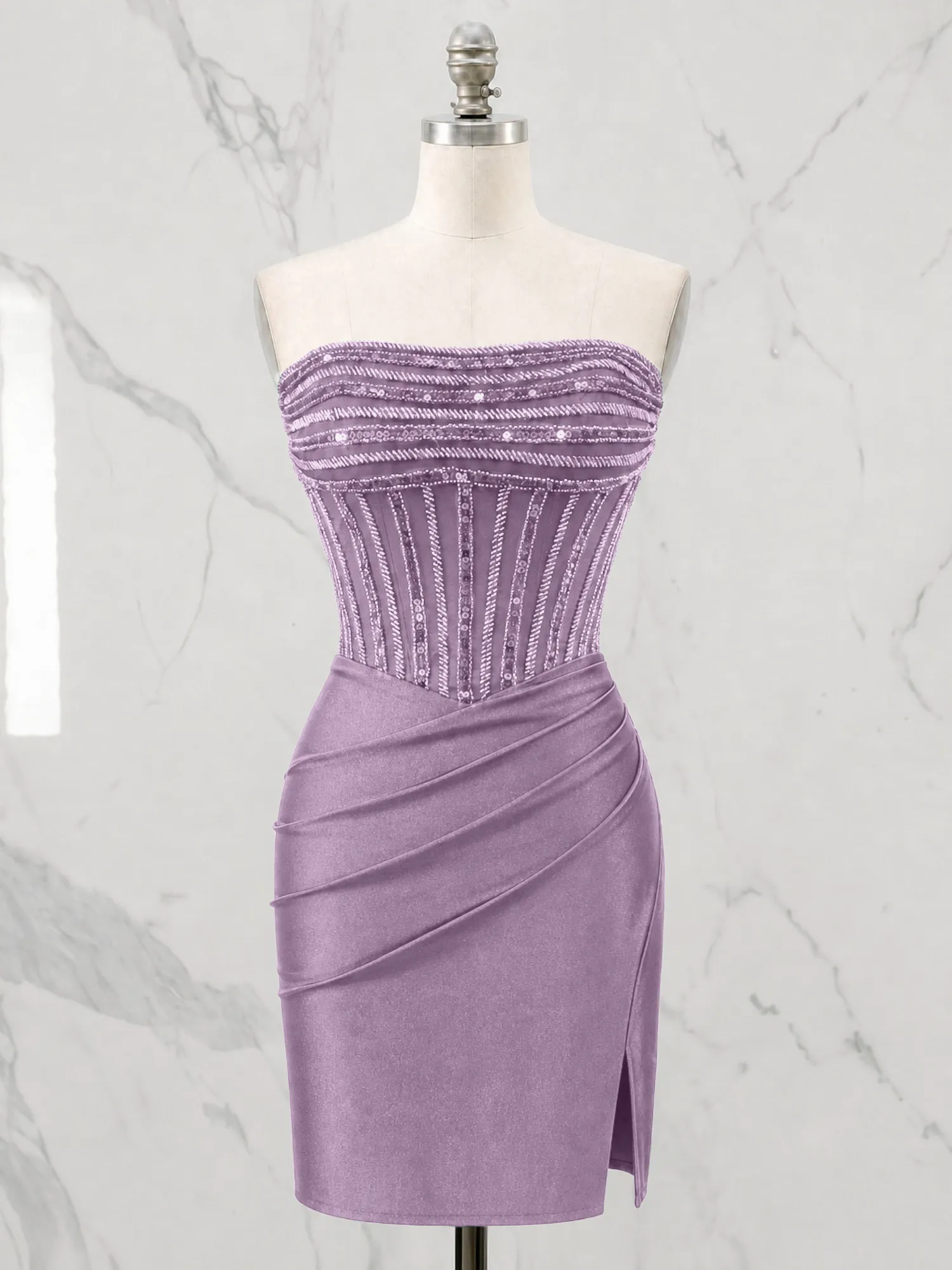 Strapless Beaded Corset Homecoming Dress with Ruched Skirt