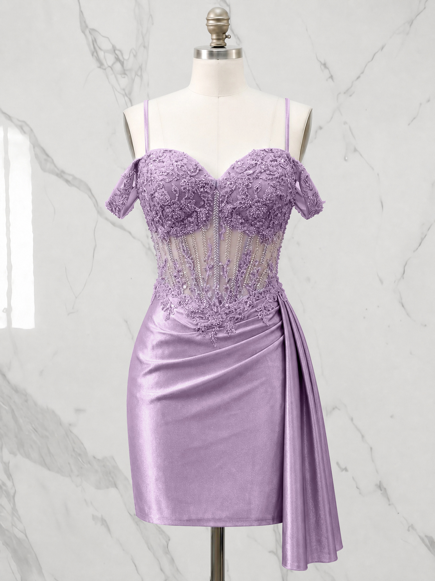 Off-the-Shoulder Lace Corset Homecoming Dress with Side Drape