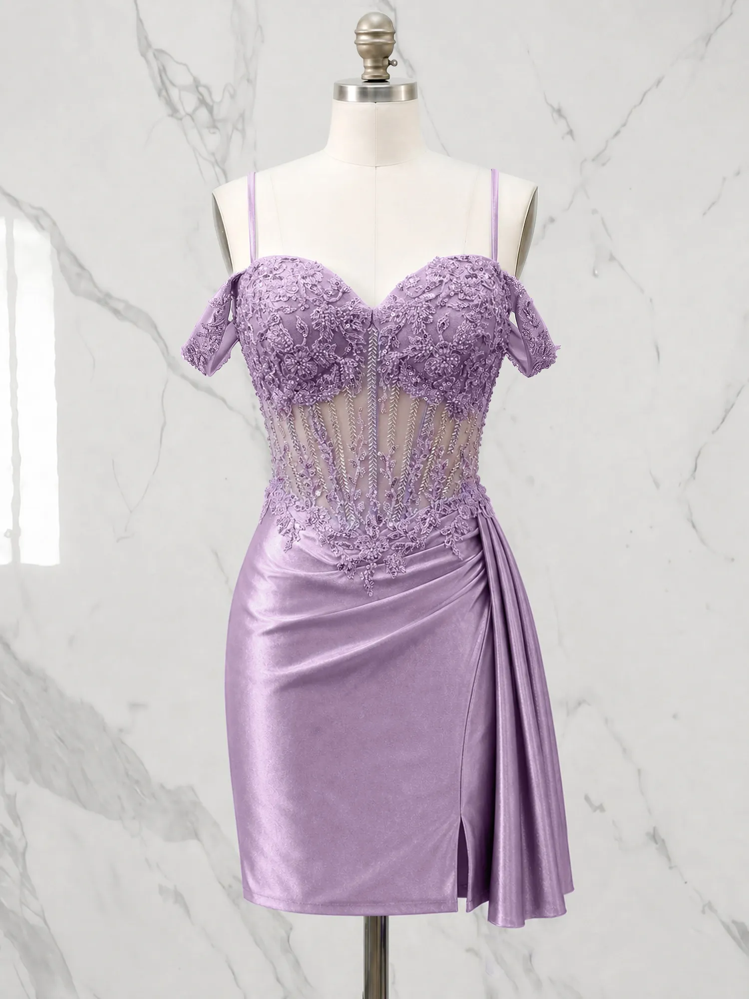Off-the-Shoulder Lace Corset Homecoming Dress with Draped Skirt