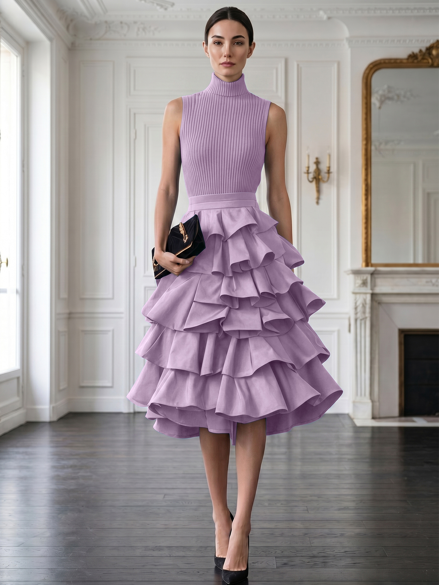Avant-Garde Black High-Neck Tiered Ruffled Evening Gown