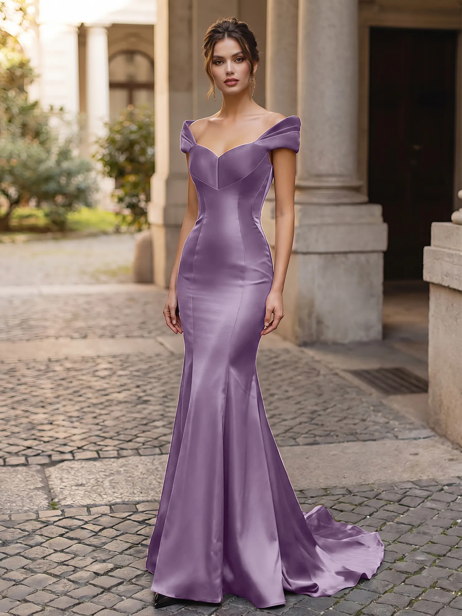 Off-the-Shoulder Sweetheart Lace-Up Back Satin Mermaid Prom Dress