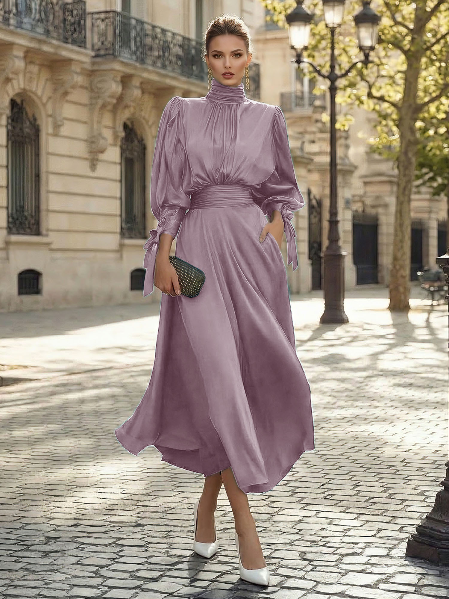 Sophisticated Camel V-Neck Balloon Sleeve Midi Dress Evening Gown