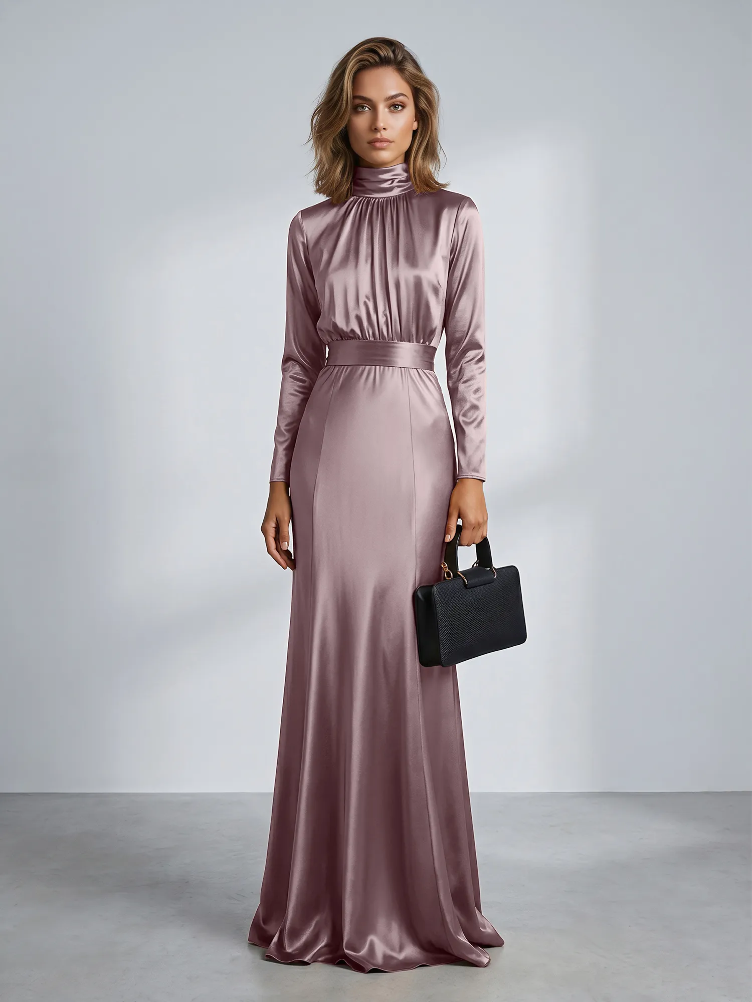 High Neck Long Sleeve Satin Mermaid Evening Gown with Waist Sash