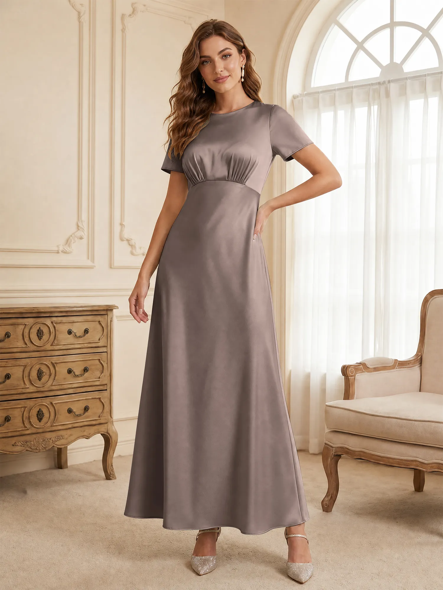 Round Neck Short Sleeve Satin Bridesmaid Dress
