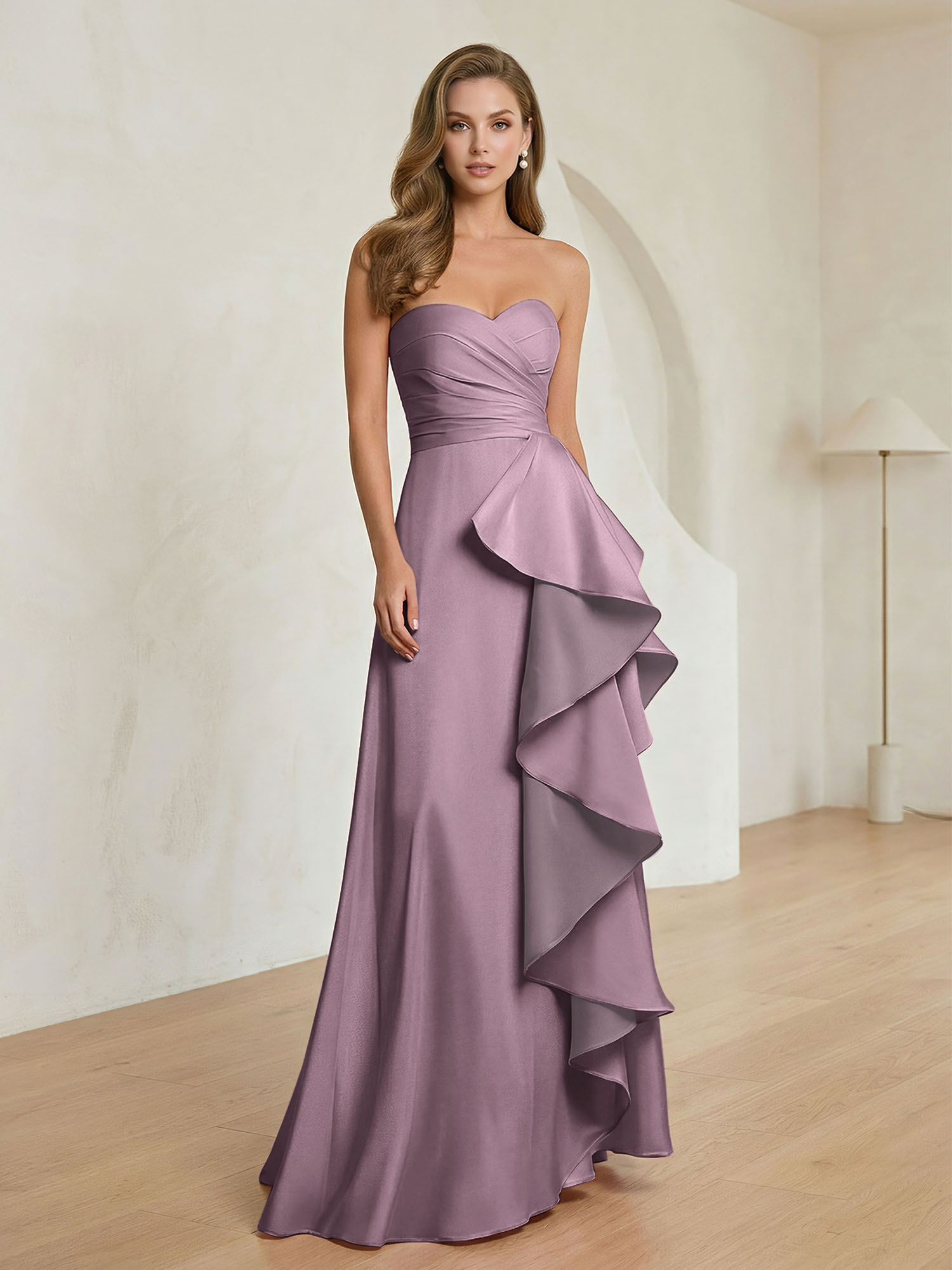 Formal Evening Dress Blush Strapless Ruffle Maxi Dress Gown
