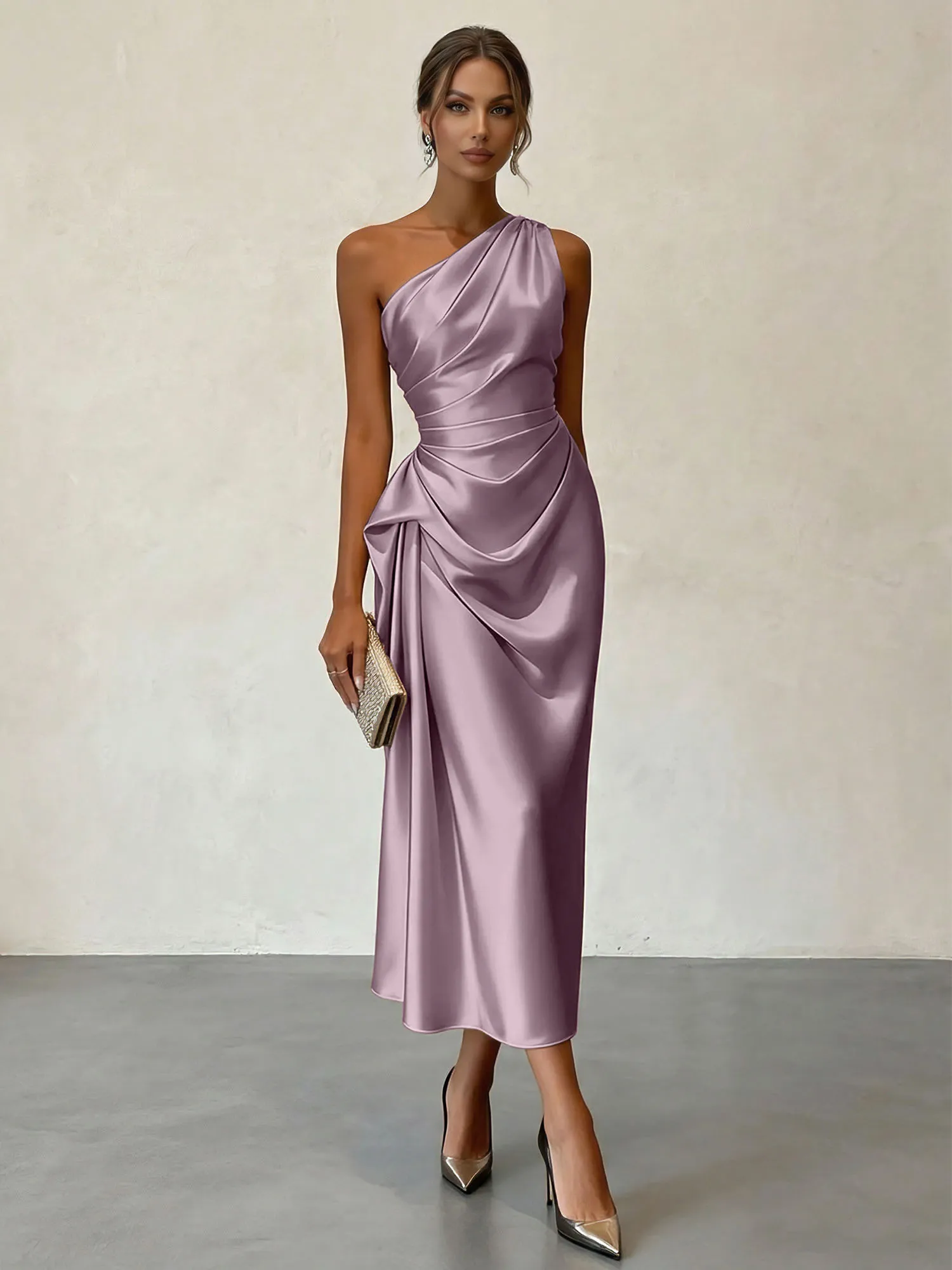 One-Shoulder Ruched Satin Midi Evening Dress with Draped Detail