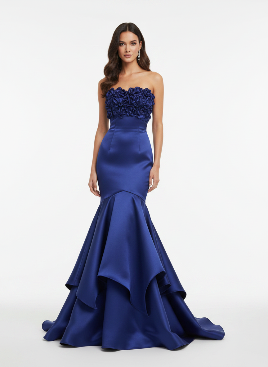  Royal Blue Floral Applique Mermaid Sheath Strapless Formal Evening Dress