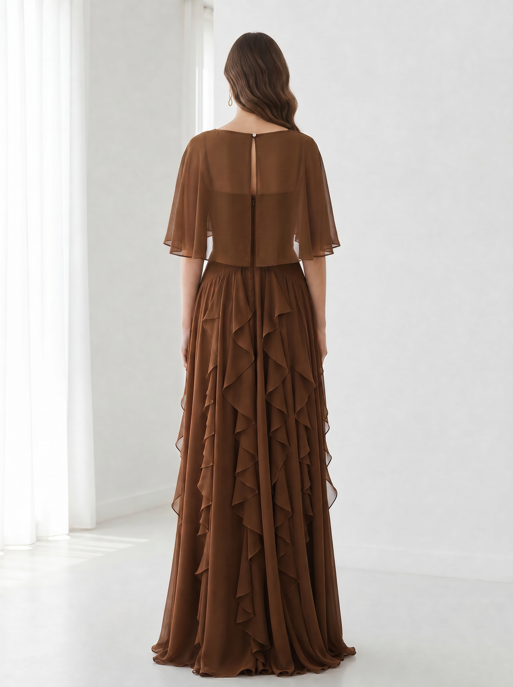 Chocolate Brown Chiffon Capelet Cascading Ruffle Formal Evening Dress
