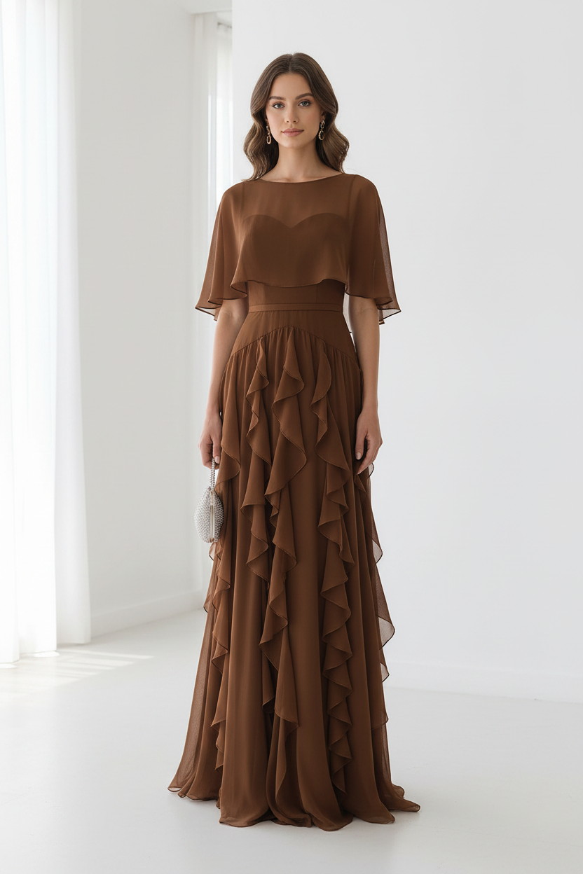 Chocolate Brown Chiffon Capelet Cascading Ruffle Formal Evening Dress