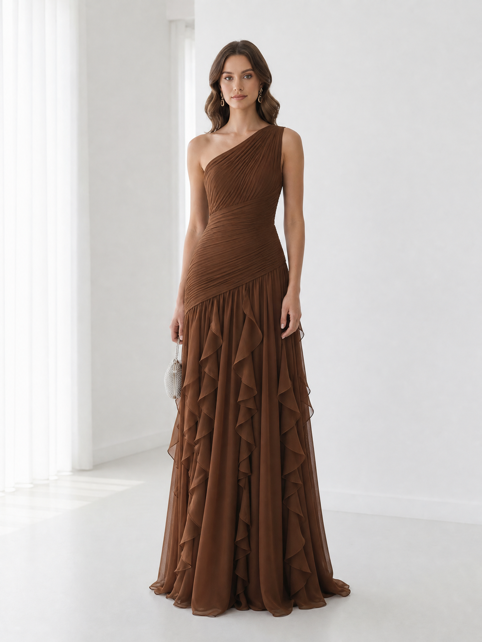Earthy Brown One-Shoulder Formal Evening Dress with Cascade Ruffle Skirt
