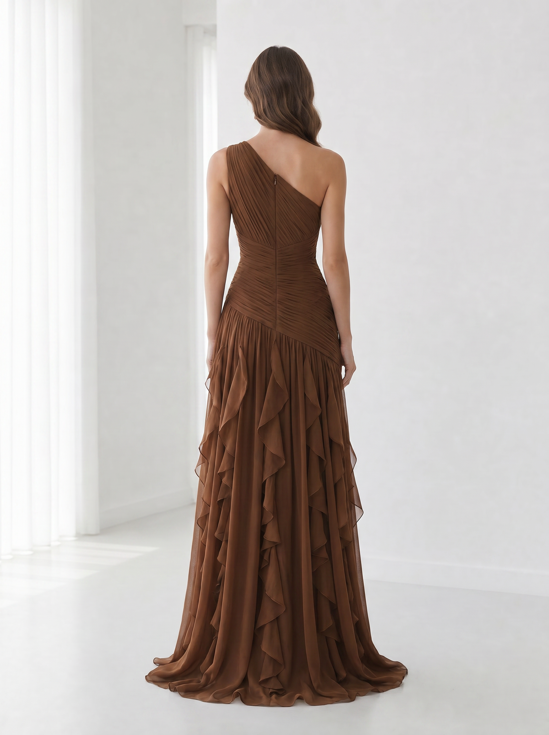 Earthy Brown One-Shoulder Formal Evening Dress with Cascade Ruffle Skirt